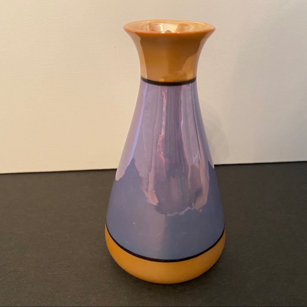 LUSTERWARE BUD VASE JAPAN BLUE GOLD BLACK VINTAGE GLASS HOME ACCENT 5” - Picture 6 of 8